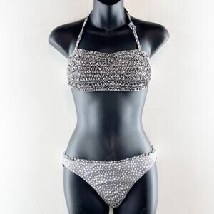J. Crew Polka Dot Halter Bandeau Strapless Ruffle Bikini Swimsuit Gray S / M